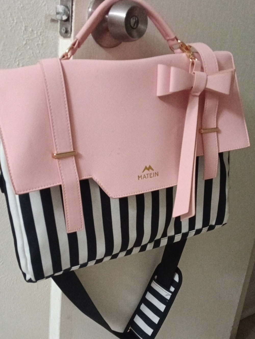Pink Bow Satchel with Black & White Stripes